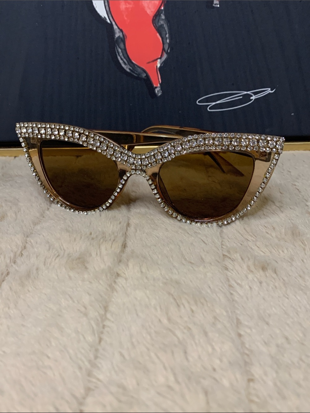 Crystal Embellished Cat Eye Sunglasses - Brown